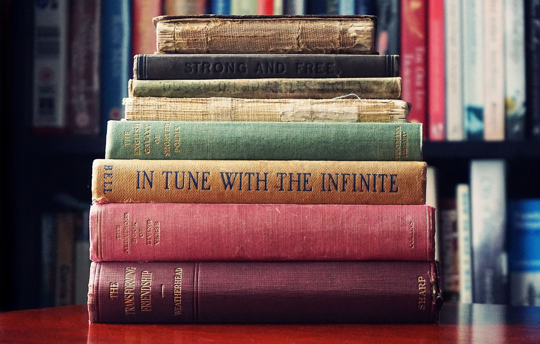 Stack of books on library shelves